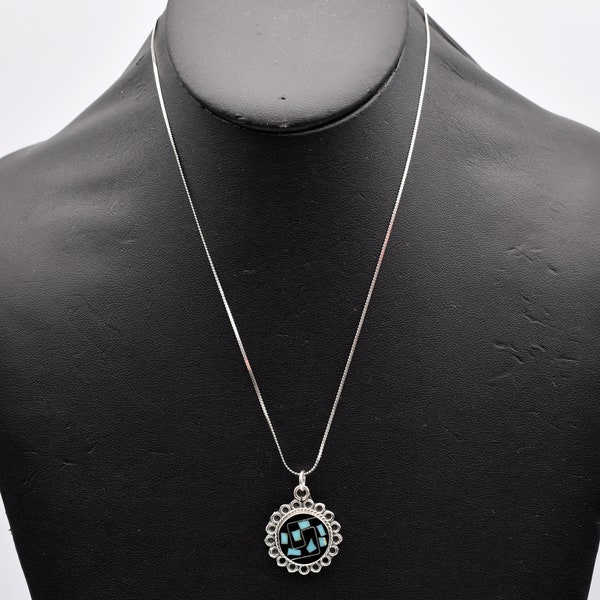 70's Southwestern turquoise onyx sterling flower pendant, mosaic 925 silver serpentine chain necklace