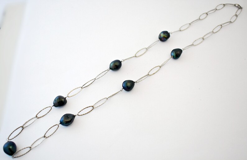 big baroque pearls on 925 silver pointed oval links mod flapper style statement 70/'s sterling peacock pearls long hippie couture necklace