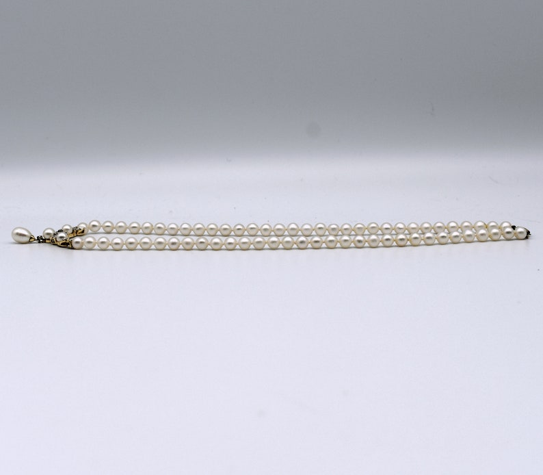 Classic 60's pearls diamonds 14k floral bib, elegant yellow gold & gemstones 17 Y necklace image 4