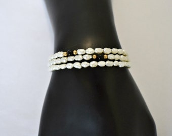 70's rice pearl 14k onyx memory wire boho bracelet, beaded hippie bride wrap bangle