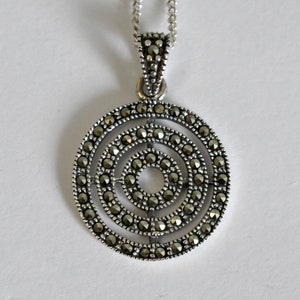 80's sterling pyrite circles of eternity pendant, SA THAI 925 silver marcasite mystic spiral necklace image 8