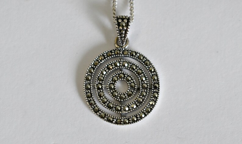 80's sterling pyrite circles of eternity pendant, SA THAI 925 silver marcasite mystic spiral necklace image 8