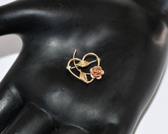 Tiny 50's Krementz leaves & heart scatter pin, 14k rolled rose and yellow gold sweetheart brooch
