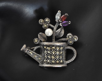 80's 925 silver marcasite watering can brooch w/ gemstone flowers, whimsical China ATI sterling pyrite pin