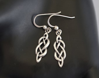 90&#39;s Sea Gems 925 silver Celtic knot dangles, elongated SG sterling mystic twisted ribbon earrings