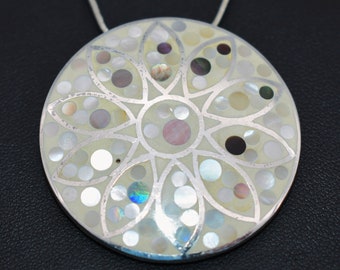 Atomic 70's abalone sterling disc pendant, shell inlay 925 silver snake chain mod boho necklace