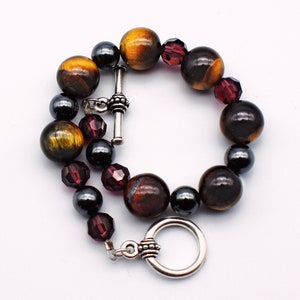 70's brown tigers eye red tiger iron hematite & crystal beads 925 sterling silver toggle clasp bracelet image 6