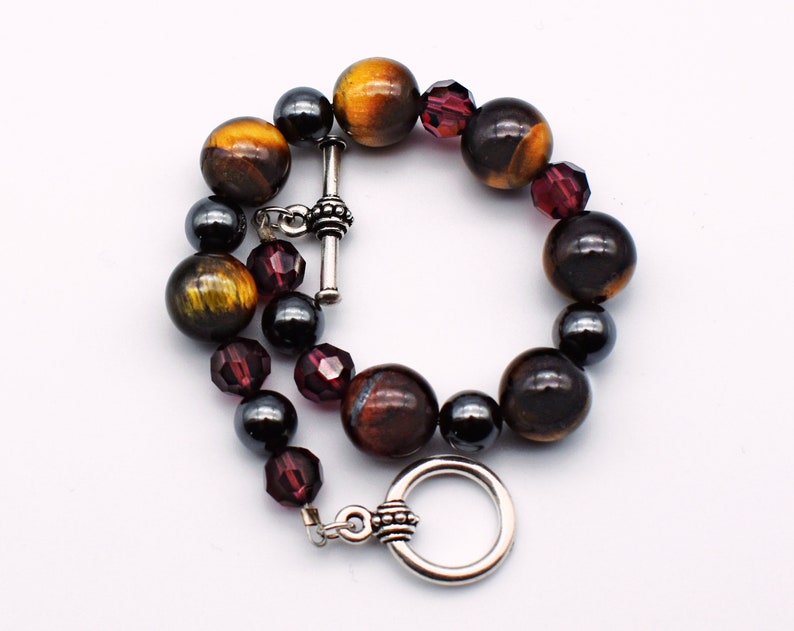 70's brown tigers eye red tiger iron hematite & crystal beads 925 sterling silver toggle clasp bracelet image 6