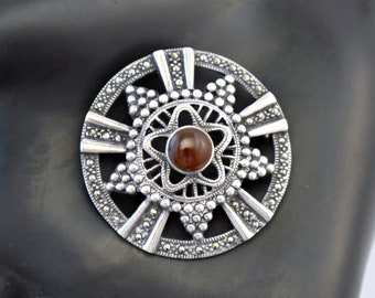 60's sterling carnelian marcasite beaded stars shield brooch, 925 silver pyrite star on star mid-century pin