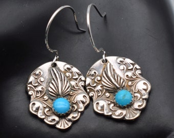 70's ornate turquoise and silver plate leaf & vine shield dangle earrings w/sterling ear wires