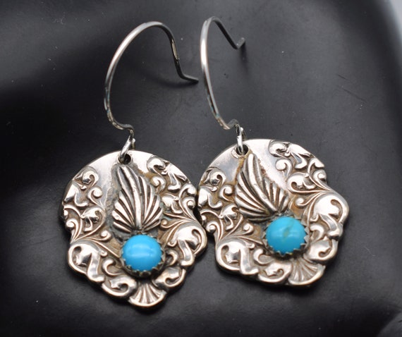 70's ornate turquoise and silver plate leaf & vin… - image 1