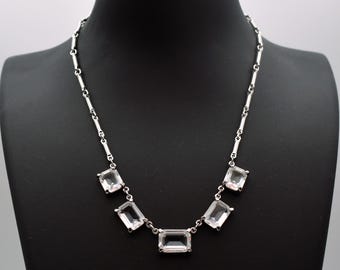 90s Swarovski clear crystal bib, vintage rhodium plate emerald cut glass necklace, Swan logo