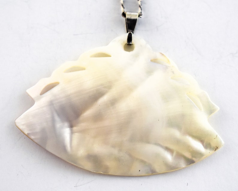 60's blister pearl MOP 925 silver fan pendant, boho carved Mother of Pearl sterling mariner chain necklace image 8