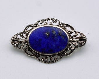 80's BOMA lapis lazuli lacy 925 silver brooch, elegant open work sterling blue oval pin