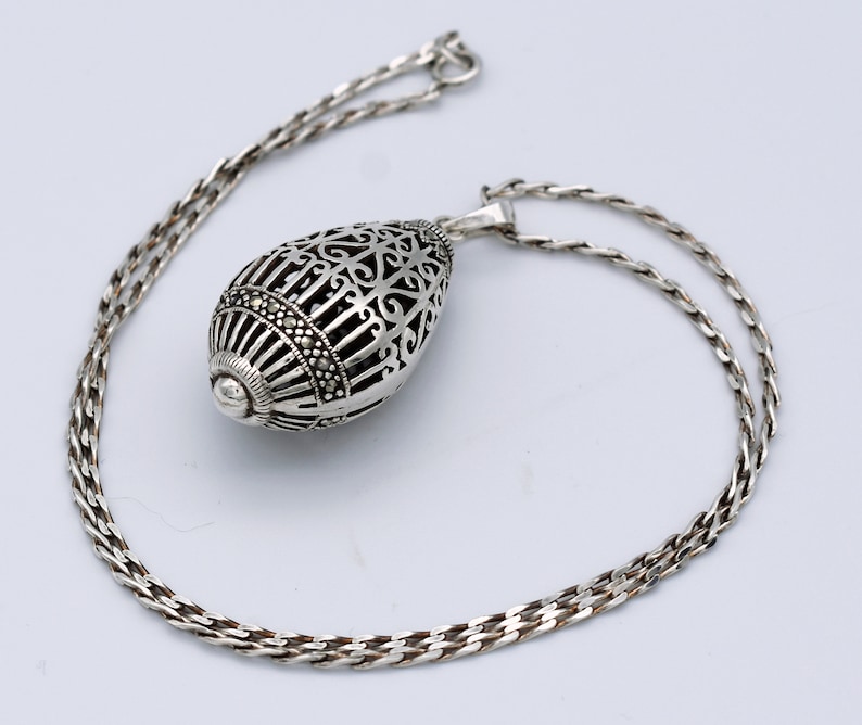 80's sterling marcasite ornate egg pendant, unusual Byzantine 925 silver pyrite cage necklace image 6