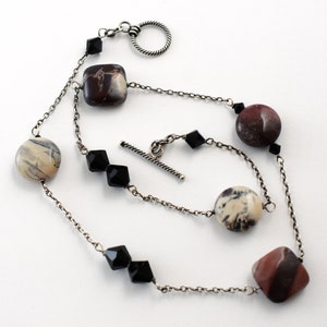 Mod 70's sterling rhodonite black crystal choker, edgy 925 silver bicones square & round discs necklace image 6