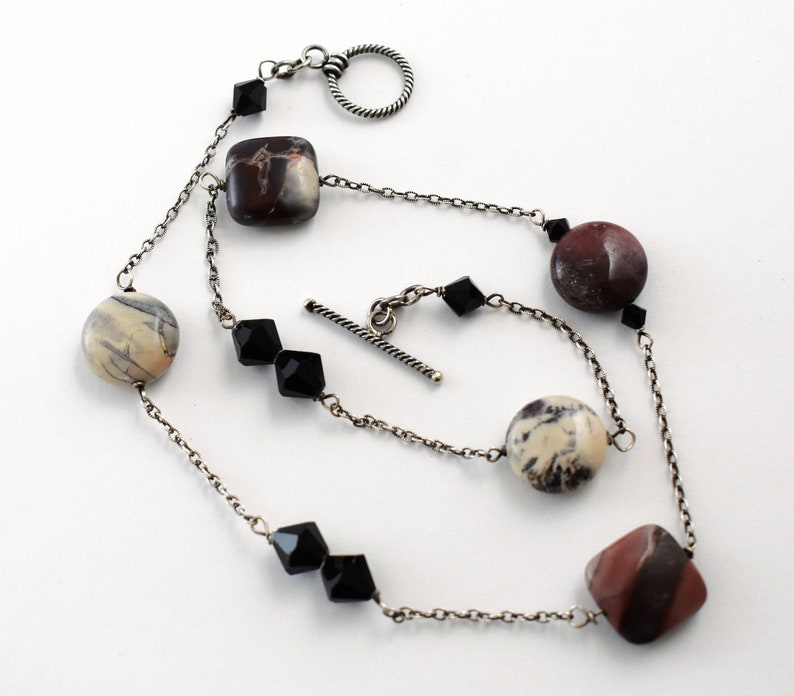 Mod 70's sterling rhodonite black crystal choker, edgy 925 silver bicones square & round discs necklace image 6