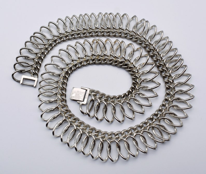 60's Egyptian Revival wide silver tone choker, abstract industrial curved metal statement necklace image 4