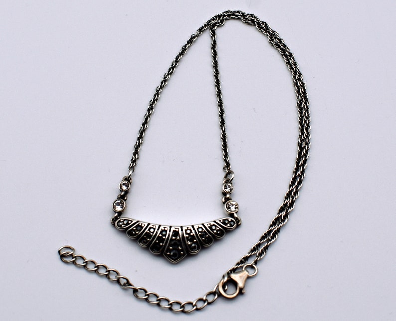 80's Art Deco style sterling & crystal bib, abstract 925 silver scalloped triangle necklace image 9