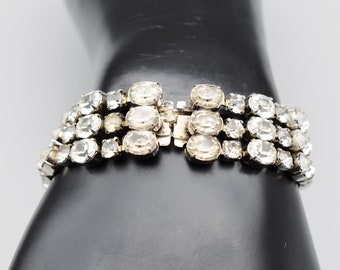 Fabulous 50's rhinestone bling clasp bracelet, three row silver tone Hollywood Regency statement