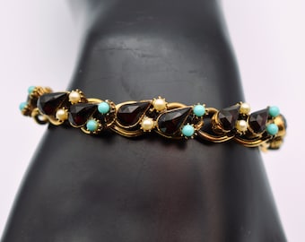 50's unsigned Florenza bracelet, Victorian style faux garnet turquoise & pearl gold plate statement