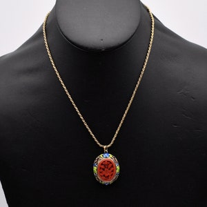 50's carved cinnabar flower gilt silver cloisonne pendant, ornate enamel 925 sterling vermeil necklace image 3