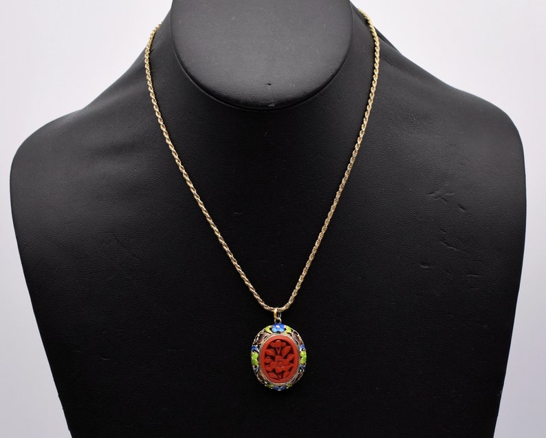 50's carved cinnabar flower gilt silver cloisonne pendant, ornate enamel 925 sterling vermeil necklace image 3