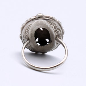 30's Art Deco cast sterling marcasite size 6.5 flower ring, ornate satin 925 silver pyrite oval ring image 3