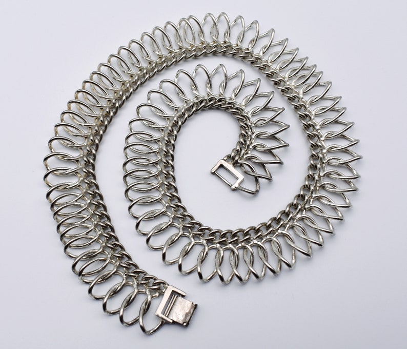 60's Egyptian Revival wide silver tone choker, abstract industrial curved metal statement necklace image 6