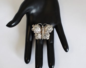 Lovely 70's Portugal lacy sterling butterfly brooch, ornate 925 silver filigree winged insect pin