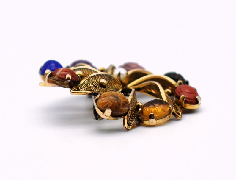 40's Egyptian Revival B-M Co gold filled pinwheel brooch, gemstone scarabs 12k GF filigree flower pin image 7