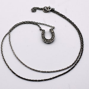 80's sterling marcasite horseshoe affixed pendant, minimalist FAS 925 silver pyrite good luck necklace image 2