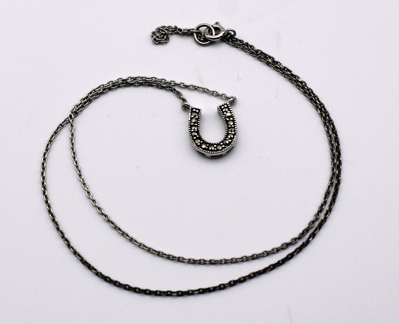 80's sterling marcasite horseshoe affixed pendant, minimalist FAS 925 silver pyrite good luck necklace image 2