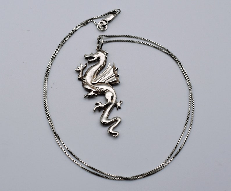 80's sterling winged dragon pendant, edgy 925 silver coatl box chain rocker necklace image 9