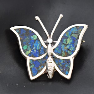 50s Taxco sterling azurite inlay butterfly brooch, vintage ERE Mexico 925 silver Eagle 1 insect pin