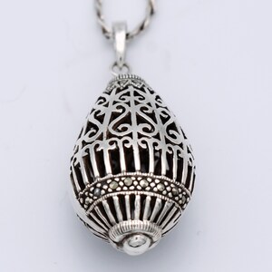 80's sterling marcasite ornate egg pendant, unusual Byzantine 925 silver pyrite cage necklace image 2