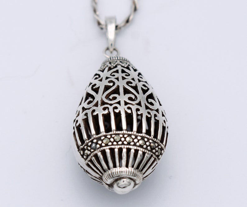 80's sterling marcasite ornate egg pendant, unusual Byzantine 925 silver pyrite cage necklace image 2