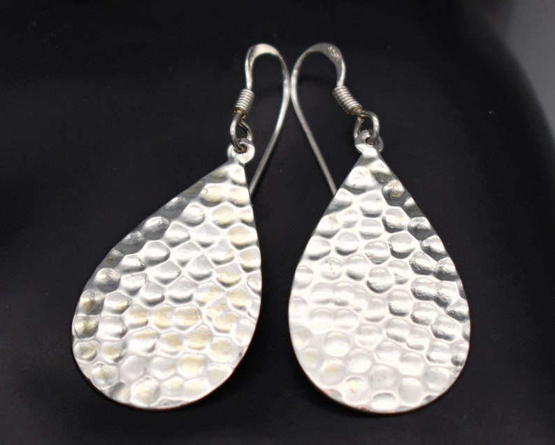 80's hammered sterling hippie teardrop dangles, textured 925 silver psychedelic boho earrings image 1
