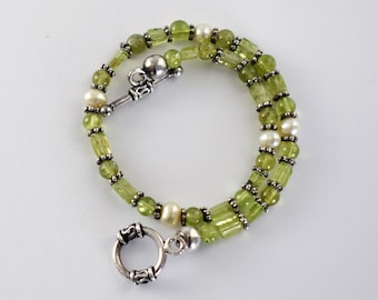 70's prasiolite pearl sterling boho bracelet, green bead & barrel 925 silver hippie ankle bracelet