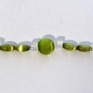 Mod 60's neon green cats eye crackle glass sterling necklace, psychedelic 925 silver beaded statement image 2