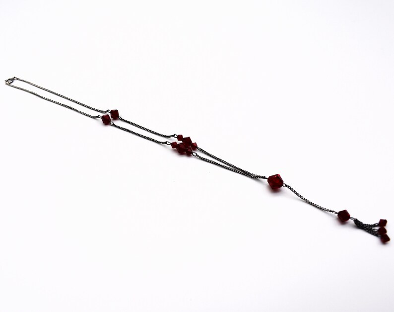 70's sterling dark red crystal Gothic fringe Y necklace, MS Co oxidized 925 silver glass bicones necklace image 7