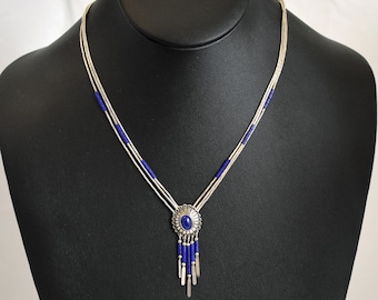 Southwestern 70's liquid silver sodalite 3 strand necklace, 925 sterling floral shield paddle fringe pendant