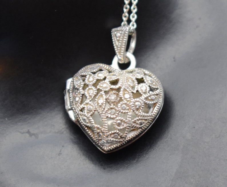90's CW 925 silver diamond heart locket, open work sterling designer bling sweetheart necklace image 6