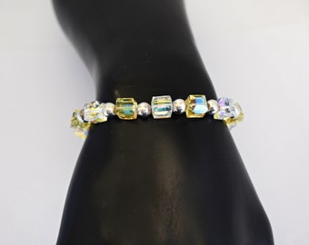 60's sterling Aurora Borealis crystal bracelet, square AB glass round 925 silver beads mid-century statement