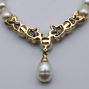 Classic 60's pearls diamonds 14k floral bib, elegant yellow gold & gemstones 17 Y necklace image 8