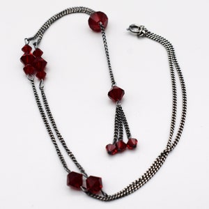 70's sterling dark red crystal Gothic fringe Y necklace, MS Co oxidized 925 silver glass bicones necklace image 2