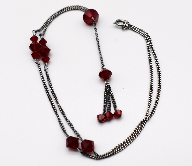 70's sterling dark red crystal Gothic fringe Y necklace, MS Co oxidized 925 silver glass bicones necklace image 2