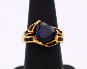 90's sapphire rose gold vermeil sterling size 7 cocktail ring, abstract 925 silver blue gems statement