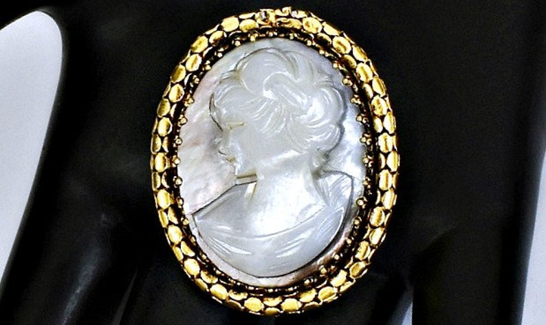 ornate hand carved Mother of Pearl portrait cameo brooch 50/'s Hollywood Regency left facing abalone MOP cameo gold plated metal pendant pin