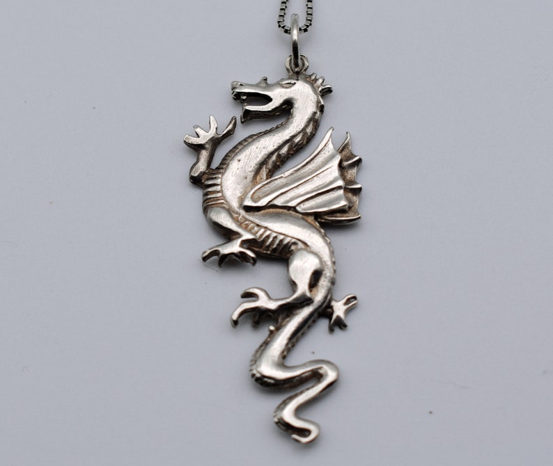 80's sterling winged dragon pendant, edgy 925 silver coatl box chain rocker necklace image 5